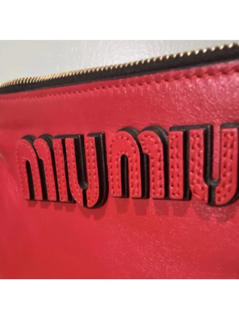Miu Miu Red Logo Zip Wristlet Clutch Pouch w/ Wrist Strap Gold Hardware